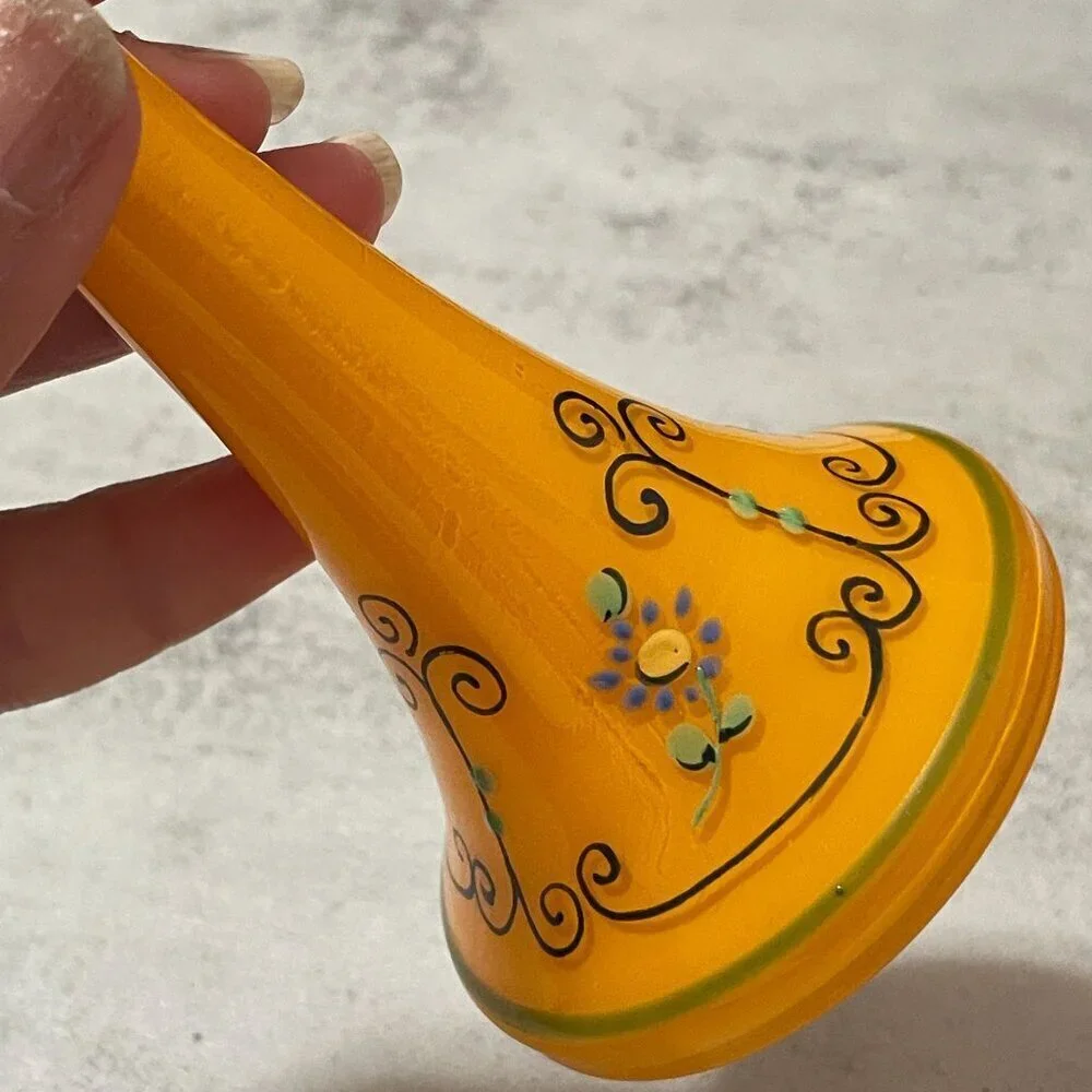 Vintage Czechoslovakia Enamel Hand Painted Orange Glass Vases Set of Two 8.25